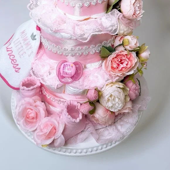 Pink Floral Diaper Cake, Peonies Diaper Cake